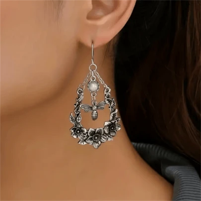 1 Pair Bohemian Vintage Hollow Flower & Bee Pendant Earrings, Fashion Jewelry Gift For Women Wedding Party