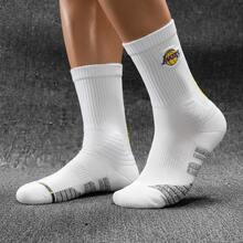 Conjunto de 3 pares de meias de basquete cano alto bordadas do Los Angeles Lakers da NBA, feitas de fibra de poliéster espessa de 100g com absorção de impacto, adequadas para treino e uso diário. - Branco - Ver 2