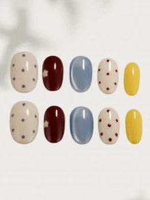 10pcs Handmade Nail Art Press-On Nails, Removable Acrylic Nail Stickers, Summer Nail Designs Including Cat Eye, Ocean Blue, Yellow Dotted, Perfect For Dates, Parties, Women - Multicolor - View 11