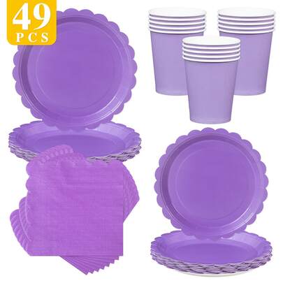 紫色花瓣形一次性餐盘、餐巾纸、纸杯 - 一次性派对用品套装，适合8位客人，一次性纸盘派对餐具，适用于生日、婚礼、野餐主题