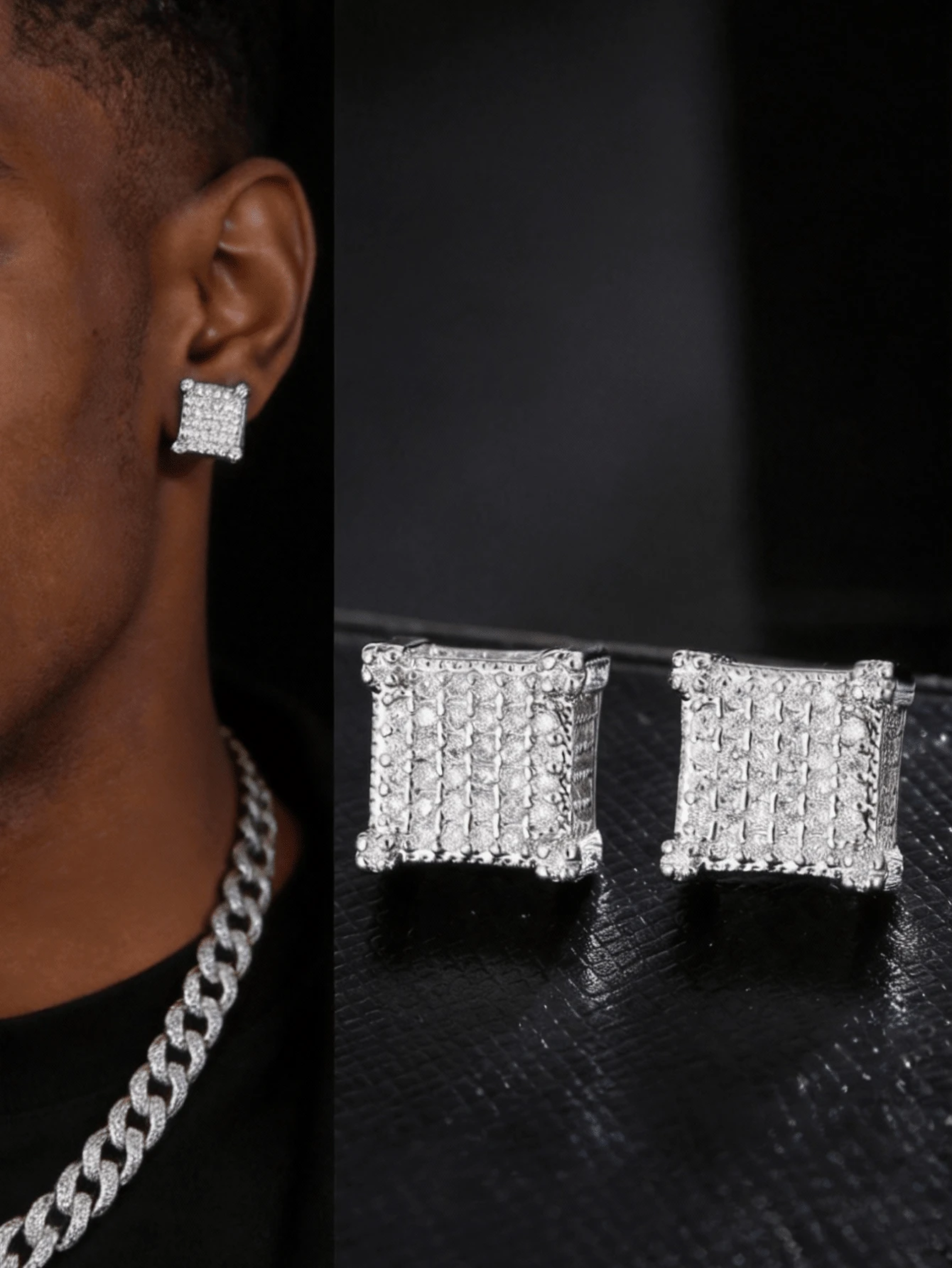 Copper-Tone Cubic Zirconia Square Shiny Stud Earrings, Hiphop Style For Men Party Wear