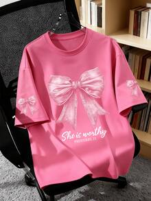 Women's Round Neck Letter & Bow Print Casual Versatile Daily Wear Mid-Sleeve T-Shirt Summer - Rose Red - View 1