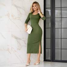 Detrix Women's Midi Dress With Long Sleeves, Ribbed Knit, Elegant, Simple, Split Knit Fabric Dress. Midi Ribbed Knit Sheath Dress, Long Sleeves, Autumn/Winter, Fitted, Bodycon, With Side Slit, For Weddings, Evenings, Holidays, Office, Daily Wear, Birthday Party, Night, Work, Formal And Evening, Photoshoot, Elegant And Casual, Travel, Stage And Concert, Brunch, Country Music Concert, Airport Wear, Autumn/Winter. - 軍綠色 - 查看 2