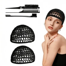5pcs/Set Mesh Hair Nets, Polyester Crochet Hair Nets, Knitted Scarf & Hat, Crochet Sleep Cap - Black - View 2