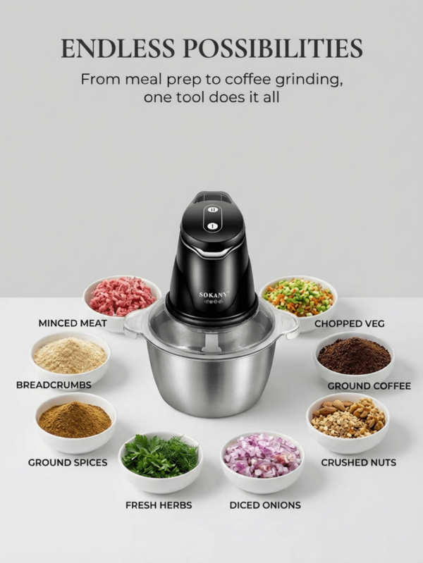 SOKANY Picadora de carne eléctrica con capacidad de 2L, puede drenar el relleno y moler verduras, diseño de doble capa con 4 cuchillas