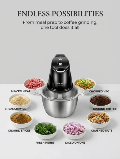 SOKANY 2升容量电动绞肉机，可沥干馅料并绞碎蔬菜，双层四刀片设计
