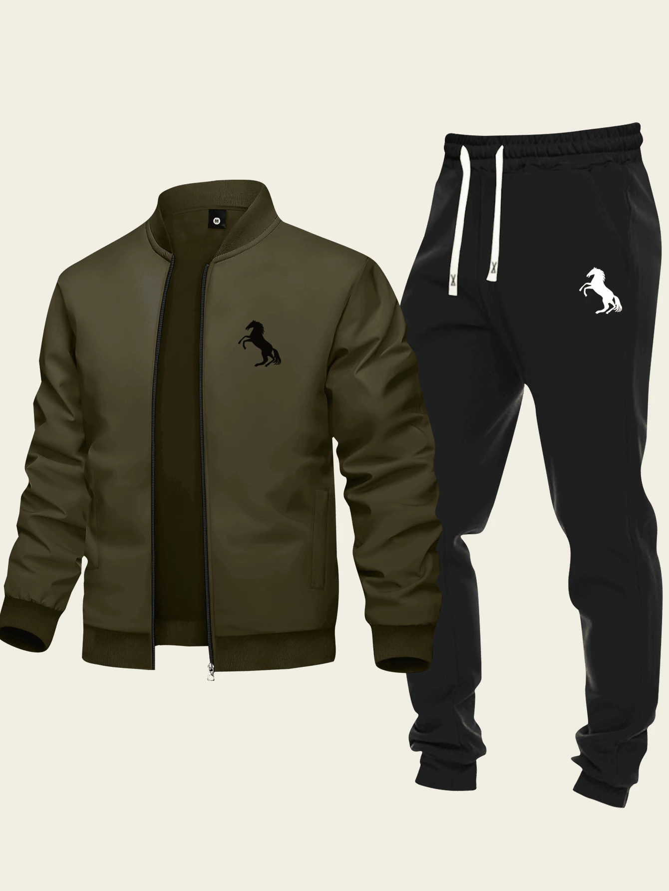 2pcs Men's Casual Set, Including Zip-Up Stand Collar Jacket And Drawstring Pants, Minimalist Design With Horse Print, Suitable For Sports And Daily Wear, Autumn Outfit - Multicolor - View 1