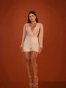 Women's Long-Sleeved Tulle Bodysuit With Rhinestones, Deep V-Neck, Rodeo, Cowgirl, Carnival, Nightclub, Party - 米色 - 查看 3