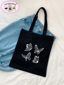 Minimalist Butterfly Line Print Canvas Tote Bag - Black - View 1