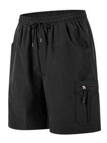 Men's Techwear Cargo Casual Shorts, Zipper Pocket Design, Loose Drawstring, Streetwear Knee-Length Pants - Black - View 2