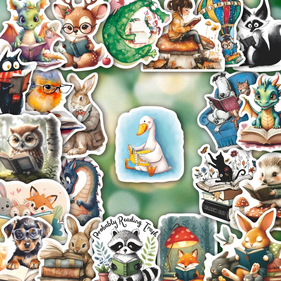 50张动物阅读贴纸和涂鸦贴纸 - 防水乙烯基材质，适用于笔记本电脑、水瓶、笔记本、行李箱等 - 可爱卡通DIY剪贴簿礼物 - A - 查看 1
