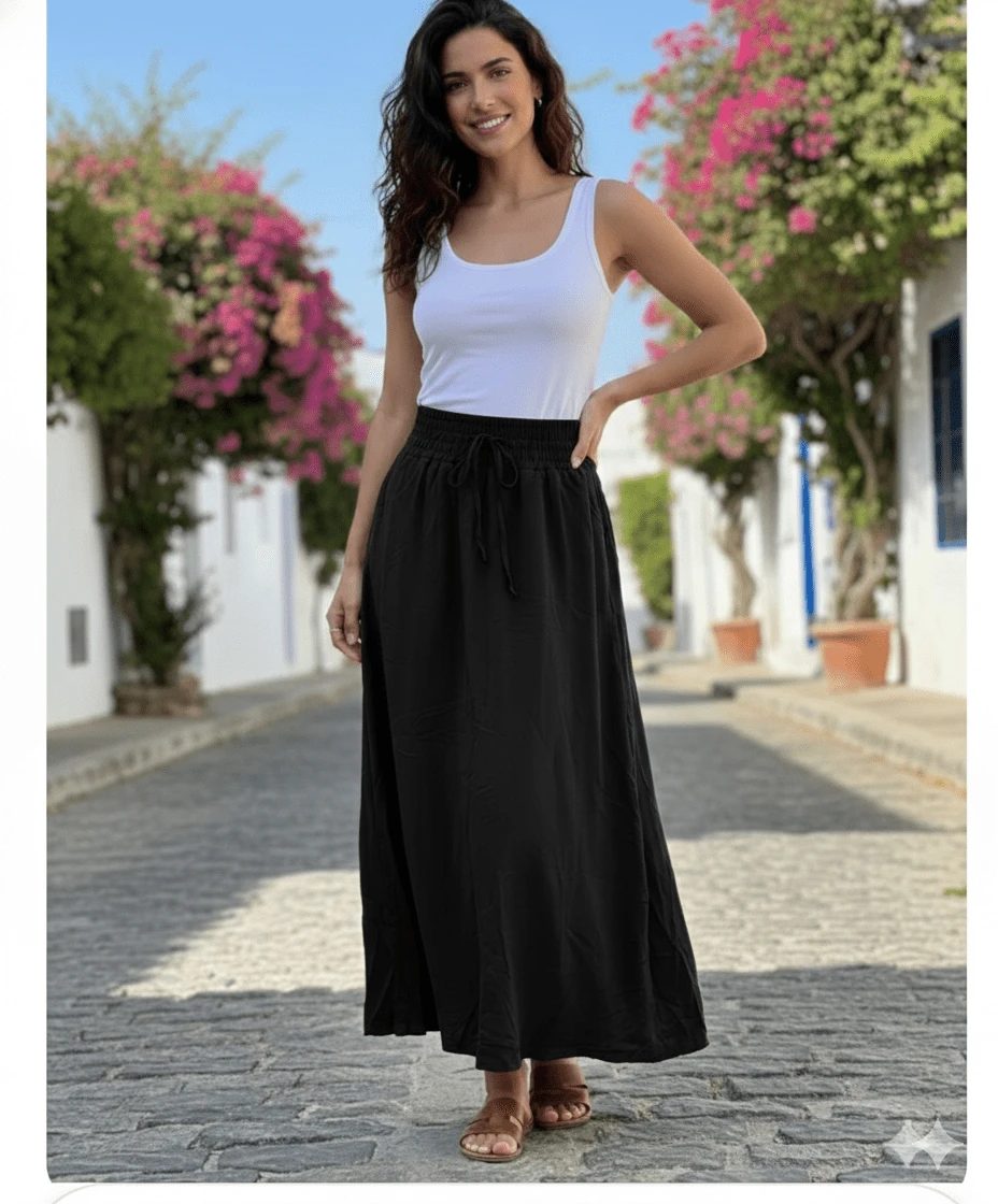 Saia Longa Viscolinho Estampada Forrada Cintura alta com Bolso Fendas Laterais - Preto - Visão 1