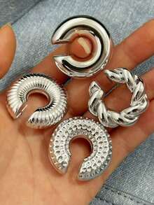 Bộ 4 chiếc kẹp tai hình trụ rỗng dày phong cách Hip-Hop Châu Âu và Mỹ phóng đại, hoa tai mạ vàng không cần xỏ khuyên - B Bạc - Xem 3