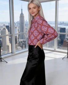 Paisley Swirl Print Casual Blouse, Everyday Top, Soft Shirt, Versatile Tee - Silky Smooth, Breathable Weave, Wrinkle-Resistant, Easy Match - Long Sleeve Women's Woven Top For Errands, Coffee Runs, Park Visits And Weekend Lunches - 玫紅色 - 查看 4