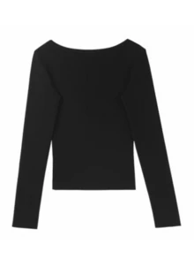 2026 Spring Women's Riveted V-Neck Long Sleeve T-Shirt, Slim Fit Layering Top Casual Black - Black - View 2