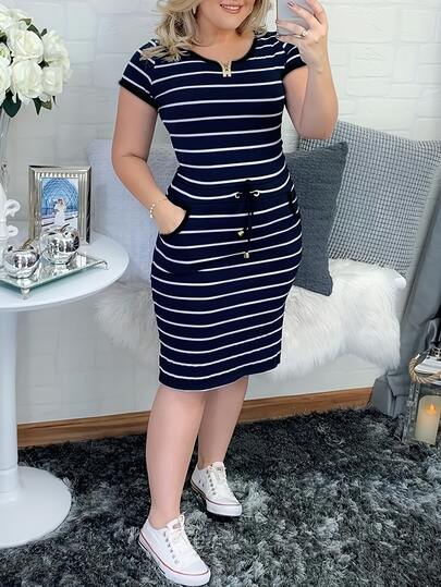 女士休闲条纹短袖衬衫裙，带抽绳腰带和口袋