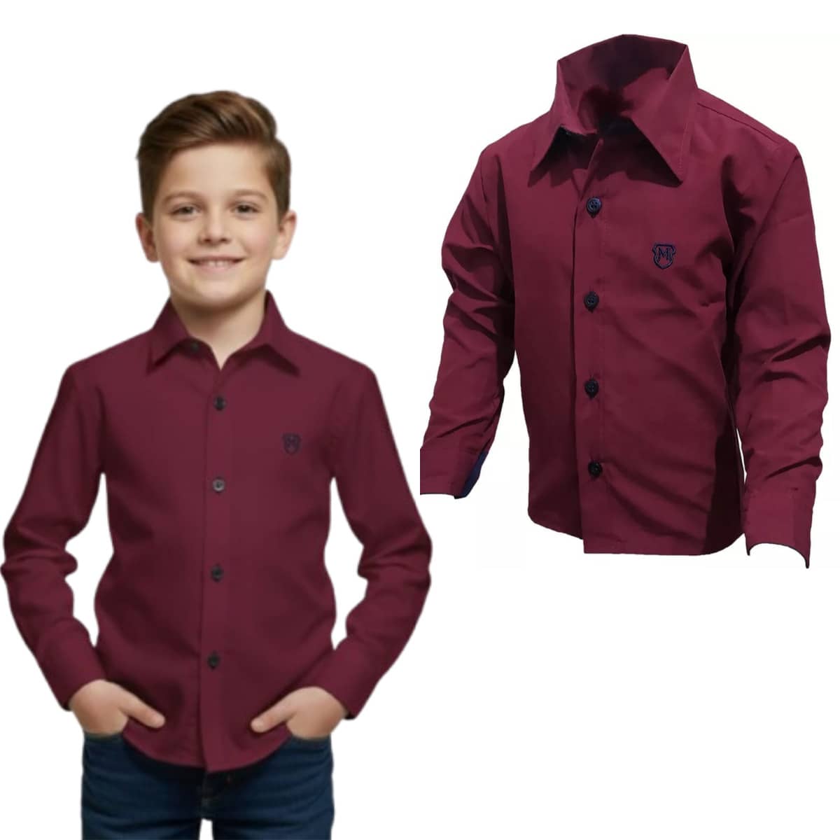 Children's Long-Sleeved Dress Shirt - Màu Đỏ Sâu - Xem 1