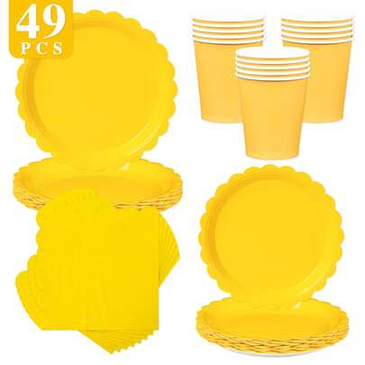Yellow Petal Shaped Disposable Plates, Napkins, Cups - One-Time Party Supplies Set, Suitable For 8 Guests, Disposable Paper Plates Party Tableware For Birthday, Wedding, Picnic