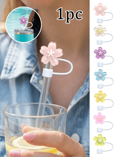 1pc Portable Straw Cap With Delicate Colorful Cherry Blossoms Decoration, Dust Plug For Sports Water Bottle Straw, Silicone Reusable Anti-Dust Straw Cover, Straws Stopper Cap, Car Water Bottle Accessories. For Offices, Restaurants, Cafes, Car Interiors, Kitchens, Bedrooms, Vacations, Camping, Must-Have Travel Item For Spring And Summer. Birthday Gift, Wedding Accessory, Back-To-School Gift, Easter Gift, Mother's Day Gift