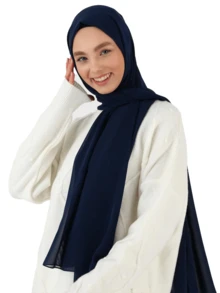 1pc Women's Solid Color Chiffon Scarf Hijab, Simple And Fashionable Accessories Women Winter Fall For Abaya Veiled Clothes - Navy Blue - View 5