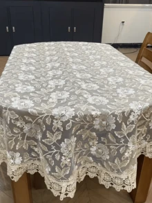 HXARTMIS 1件白色與咖啡色花卉刺繡透視蕾絲桌布，鏤空波浪蕾絲邊透明網格桌巾，長方形餐桌裝飾，適用於婚禮、茶會、居家廚房 - 奶咖色 - 查看 8