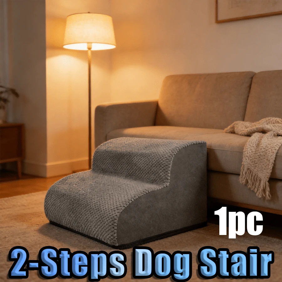 1pc Grey 2-Step Pet Stairs, High-Density Supportive Foam Dog Steps For Small Dogs & Cats, Non-Slip Bottom & Soft Knit Fabric, Ideal For Couch & Bed Access, S-Afe & Portable Pet Ramp For Senior & Puppy Use