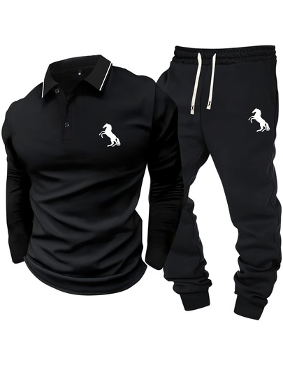 2pcs Men's Long Sleeve Polo Neck Knit T-Shirt With White Horse Print & Drawstring Waist Elastic Waistband Sports Pants Set, Casual Sportswear For Spring & Autumn Outdoor Wear