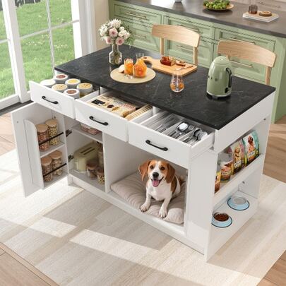 Kitchen Island Table, Cabinet With 3 Drawers, 1 Spice Rack, Adjustable Shelf, Double Shelf (No Dog Food Tray), Large Pet Storage Space (No Dog Mat), 120 * 60 * 90 Cm, White
