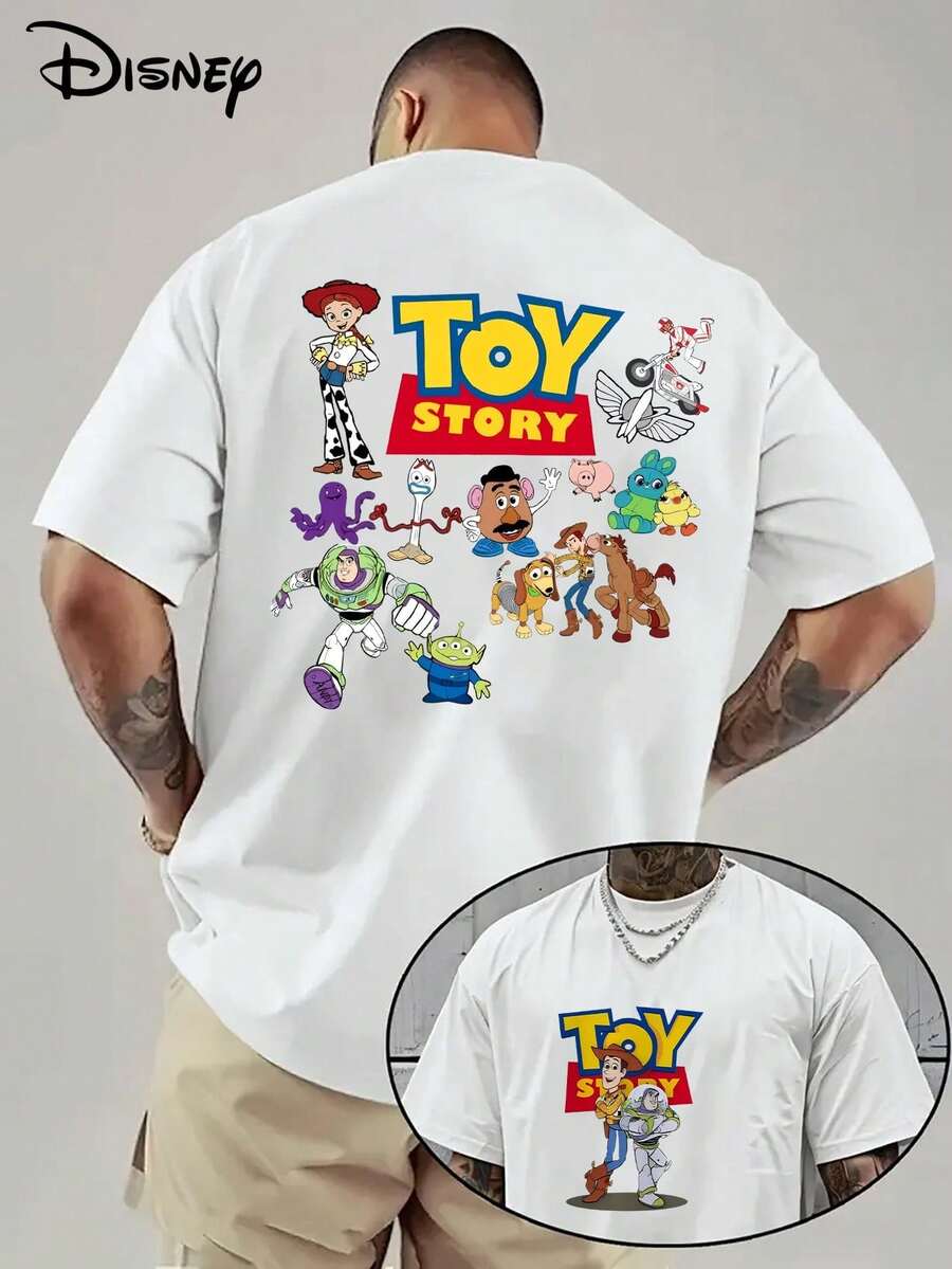 Official Authorization! 1pc Men's T-Shirt "Toy Story" Full Role Woody Bass Lightyear Jesse And Other Loose Short-Sleeved T-Shirts Bear The Core Emotional Fans Of "Companion Adventure", Disney, Stylish And Versatile, Unisex. - 白色 - 查看 1