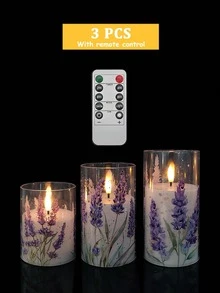 3pcs Flameless Wax Candle Lights With Timer And Remote Control, Battery Powered, , Lavender Floral Print Design, Centerpiece Decor For Wedding, Romantic Proposal, Valentine's Day, Halloween, Christmas, Mother's Day, Birthday Party, Holiday Dinner Table - Lavender - View 14
