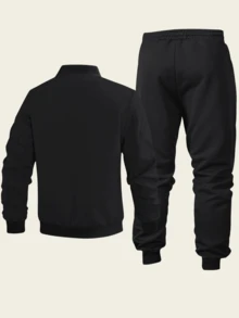 2pcs Men's Casual Sports Set - Baseball Collar Zip Jacket And Drawstring Ankle Pants With Horse Print, Fashion Sports Casual Design, Suitable For Workout And Daily Wear, Autumn - Black - View 2