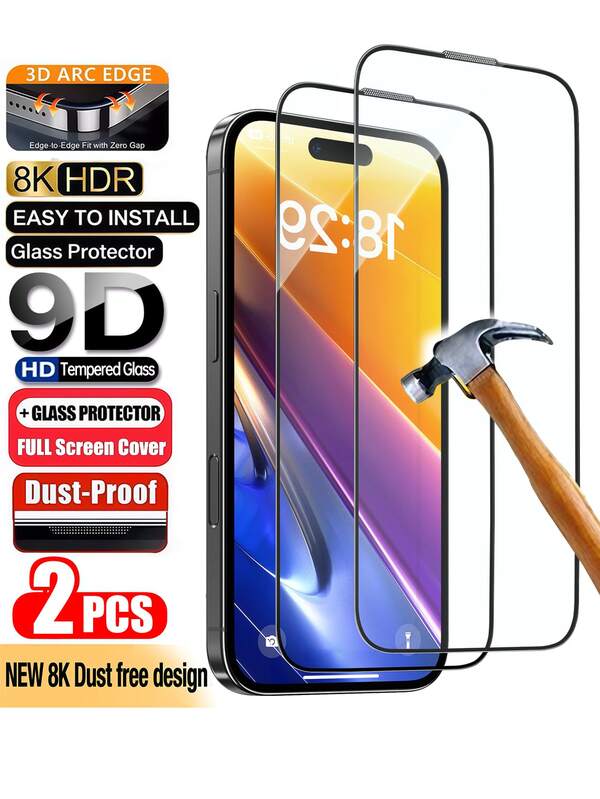 2片装9D全覆盖高品质钢化玻璃屏幕保护膜，兼容 17 Pro Max/17 Air/17 Pro/16 Pro Max/16 Pro/16 Plus/16E/16/15 Pro Max/14 Pro/13/12 Mini/11/Xs Max/XS/XR，全覆盖，防指纹，防摔，防刮，9H+硬度，高清钢化玻璃屏幕保护膜，适合日常防摔防刮手机屏幕保护。