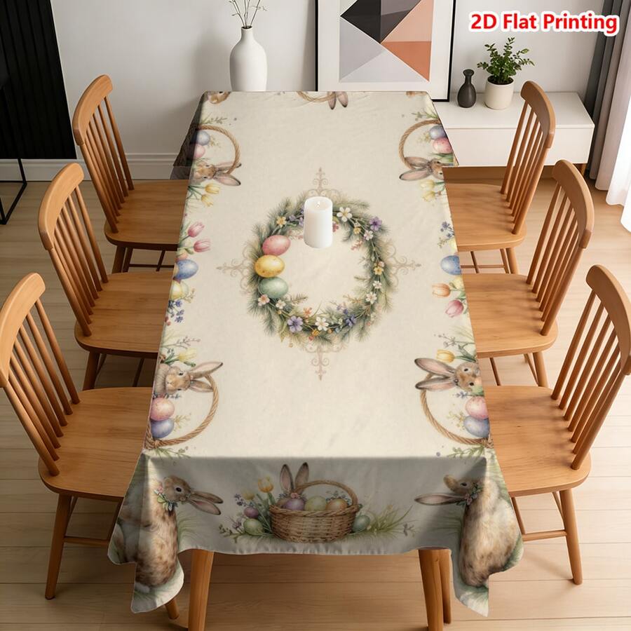 1/20pcs Easter Theme Tablecloth, Elegant Rabbit, Egg, Wreath Pattern Printed Tablecloth, Suitable For Easter Celebration, Picnic, Home, Kitchen, Dining, Spring Decor, Easter Gift, Home Decoration - Multicolor - View 1