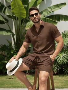 Men's Plain Slim Fit Casual Comfortable Short Sleeve Set For Holidays, Beach, Carnival, And Summer - Marrón Chocolate - Ver 3