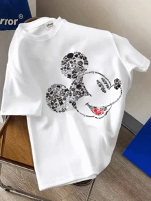 Disney Áo thun phong cách đường phố cổ điển, in logo chuột Mickey, được làm từ chất liệu cao cấp. Áo thun nam cổ tròn tay ngắn. - trắng - Xem 3