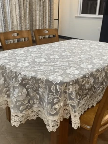 HXARTMIS 1件白色與咖啡色花卉刺繡透視蕾絲桌布，鏤空波浪蕾絲邊透明網格桌巾，長方形餐桌裝飾，適用於婚禮、茶會、居家廚房 - 奶咖色 - 查看 6