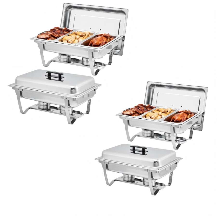 2/4/6-Pack Stainless Steel Buffet Server Set, 3-Well Rectangular Chafing Dish Multi-Compartment Food Warmer For Catering, Wedding Events, Home Parties - 銀色 4 件裝 - 查看 1
