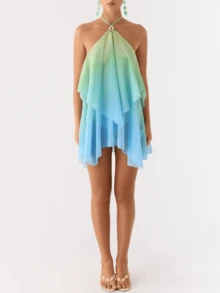 Women Ruffle Halter Neck Mini Dress Sheer Mesh Layered Open Back Dress Y2K Tiered Tie Back Going Out Dresses - Màu xanh nhạt - Xem 5