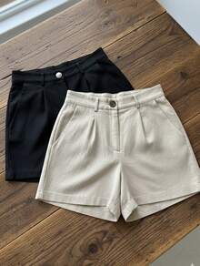 2 Women's Linen Shorts – Short Summer Beach Casual Fashion - đen và be - Xem 2