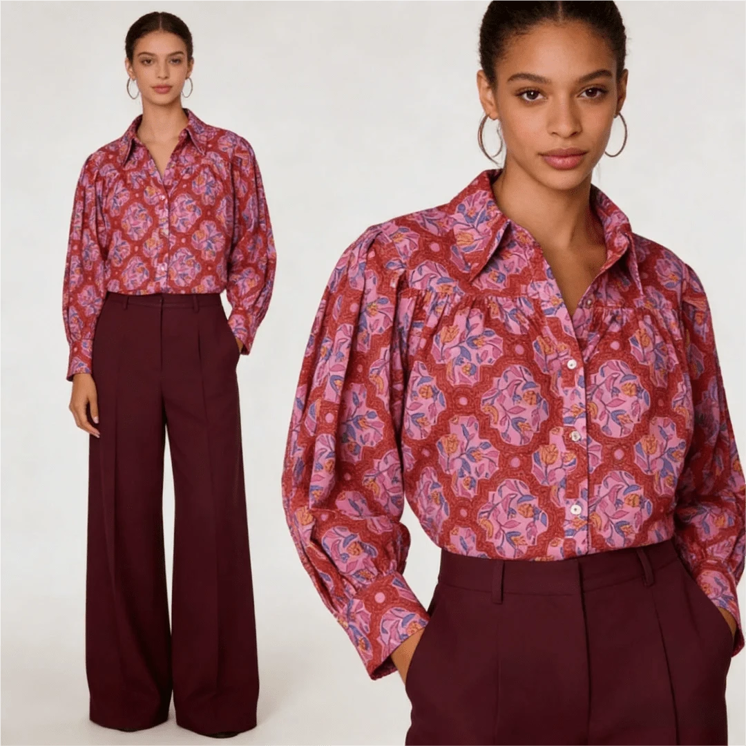 Paisley Swirl Print Casual Blouse, Everyday Top, Soft Shirt, Versatile Tee - Silky Smooth, Breathable Weave, Wrinkle-Resistant, Easy Match - Long Sleeve Women's Woven Top For Errands, Coffee Runs, Park Visits And Weekend Lunches - 玫紅色 - 查看 1