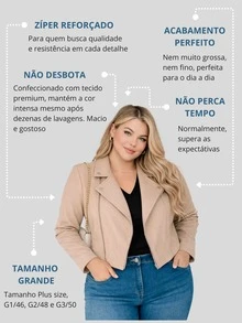 Jaqueta Feminina Plus Size de Suede Estilosa Com Botões e Zíper Prata Estilo confortável Blusa de Frio   Casual    Zíper - Bege - Visão 3