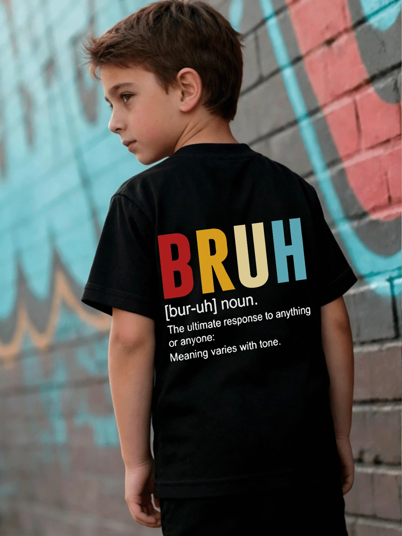 男童 BRUH 图案圆领短袖T恤，休闲春夏童装