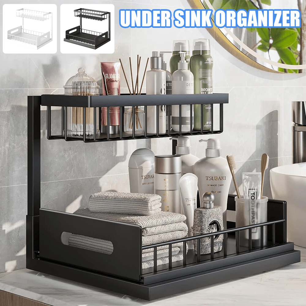 Lislark Pull-Out Under Sink Storage Rack, Double-Layer Sliding Organizer Shelf, Multipurpose Storage Rack For Kitchen And Bathroom Under Sink(Black/White) - Black - View 1