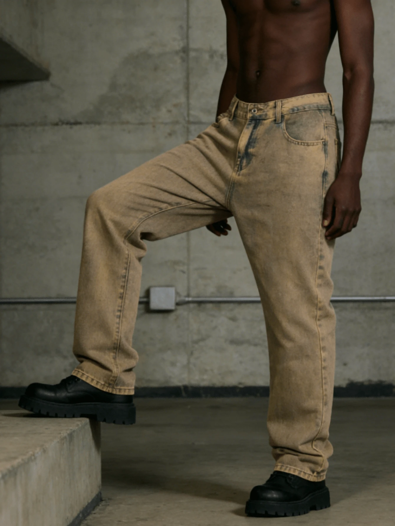 Men's Faded Wash Straight Leg Jeans, Casual Street Fashion, Suitable For All Seasons - Yellow - View 1