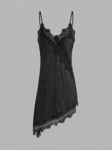Vestido de tirantes elegante y vintage para mujer con diseño de parches de satén texturizado y encaje, adecuado para una cita en el Día de San Valentín, color negro, verano - Negro - Ver 3