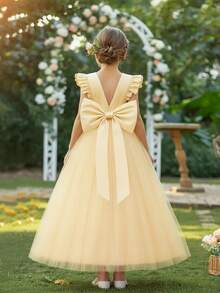Young Girl High-End Cap Sleeve Backless Hollow Pearl Detachable Bow Princess Tulle Dress, Suitable For Teenager Flower Girl Wedding Party Formal Occasion - 香檳色 - 查看 2