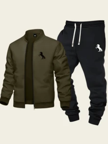 2pcs Men's Casual Set, Including Zip-Up Stand Collar Jacket And Drawstring Pants, Minimalist Design With Horse Print, Suitable For Sports And Daily Wear, Autumn Outfit - Multicolor - View 2