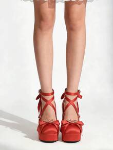 Fashion Mary Jane Shoes For Women Elegant High Chunky Heel Pumps With Cross Strap, Big Bow, And Heart Buckle Lace-Up For Wedding, Party, And Cute Occasions - Đỏ - Xem 7