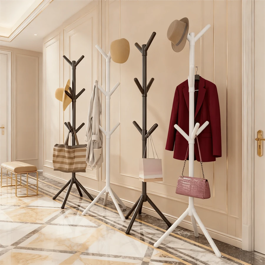 1pc White Metal Coat Stand With 9 Hooks - Elegant Branch Design, Sturdy Multi-Functional Hallstand For Hats, Bags, Scarves, Towels - Buckle Closure, Straight Shape, Apparel Organizing Rack, Standing Shelf