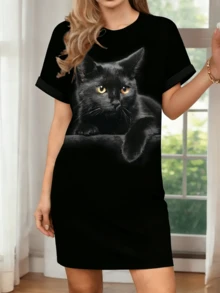 Women's Black Cat Print Casual Pajama Dress, Short-Sleeved Round Neck T-Shirt Dress, Comfortable Pajamas, Casual Loungewear And Outdoor Wear, Soft Fabric Loose Robe,  And Stylish Round Neck Short-Sleeved Dress, Suitable For Summer Wear, Outdoor Activities And Holiday Gifts, Women's Standard Size Ready-To-Wear. - Black - View 1
